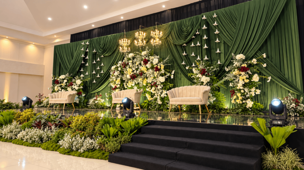 Dekorasi pelaminan hijau dengan rangkaian bunga putih dan dua kursi pengantin